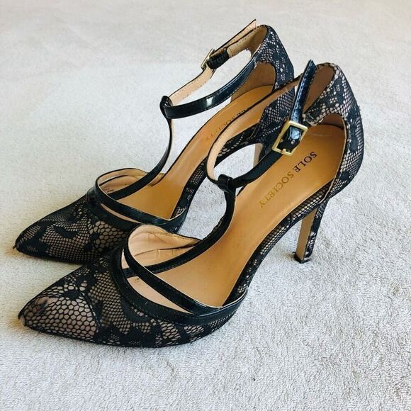 Sole Society Black Lace So Nicola Pointed Toe T-Strap Stiletto Pump - Picture 1 of 16